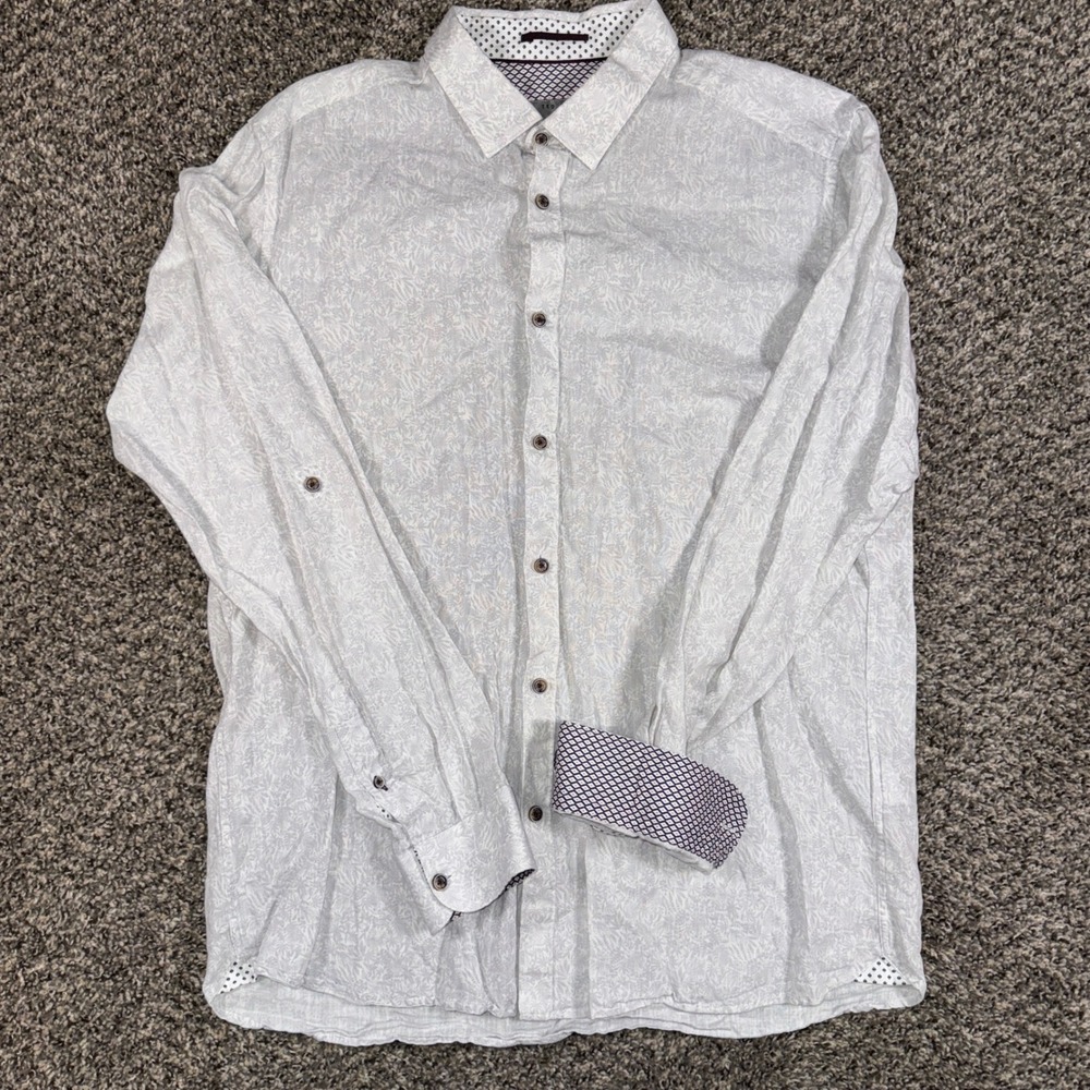 Ted Baker London Mens Size 5 L Linen Blend Floral Button Up Shirt Grey White
